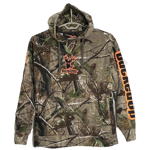BuckedUp Unisex Pullover Hoodie L Brown Realtree APG Camo Sweatshirt Hunting - Picture 3 of 12